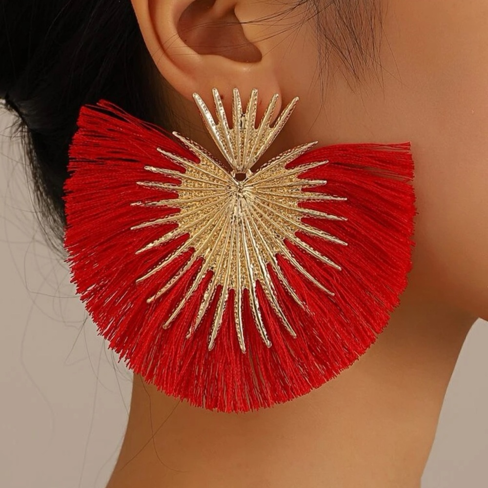 Fanned Out Fringe Earrings - Red - Picture 1 of 10